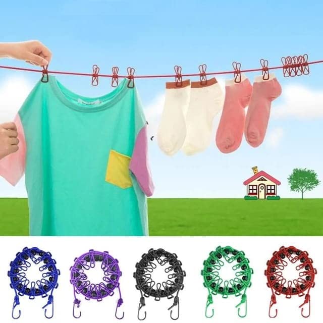 Portable Multi Functional Drying Rope with 12 Clips and 2 Hooks