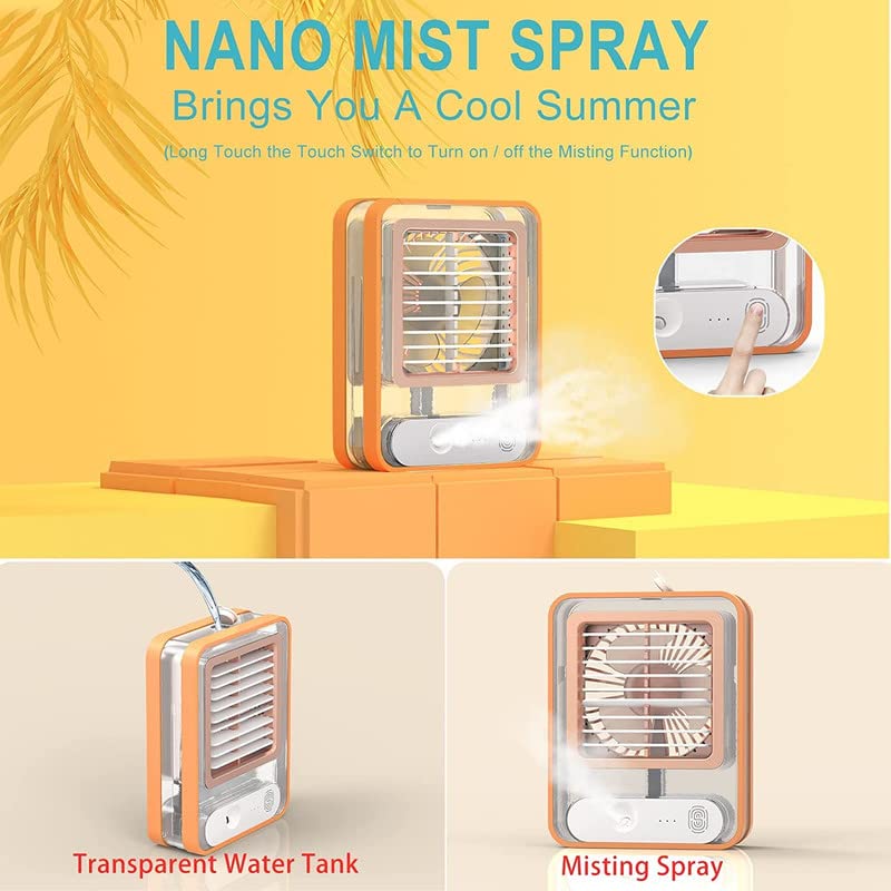 Small Desk Fan with Mist Spray,LED Night Light,Electric Battery Operated  Water Misting Fan,USB Rechargeable Portable Quiet Mini Desktop Table  Cooling