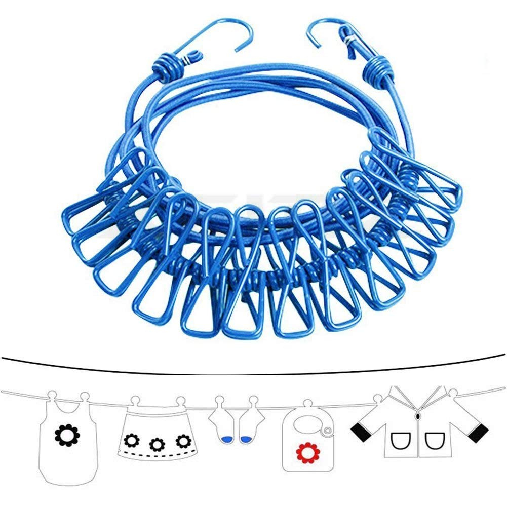 Portable Multi Functional Drying Rope with 12 Clips and 2 Hooks