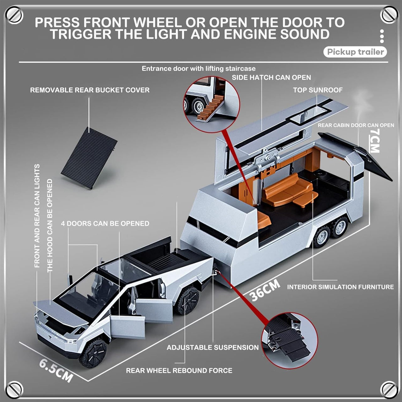 1/32 Tesla Cybertruck Pickup Alloy Car With Small Bike