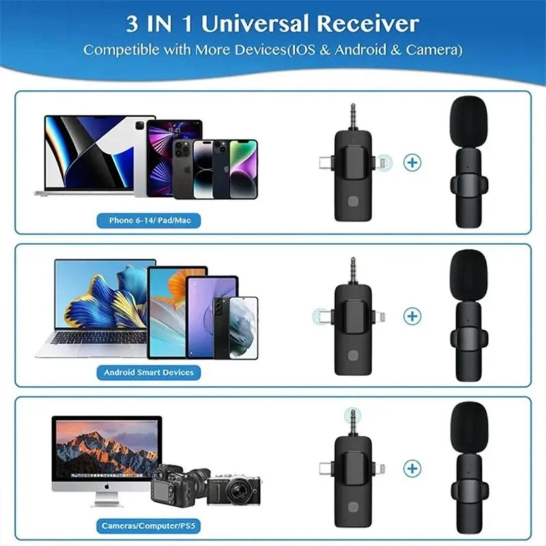 3 in 1 Professional Cordless USB Wireless Recording Microphone