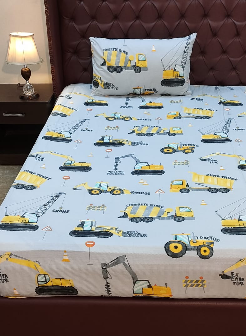 Crane and Tractor Kids Bed sheet